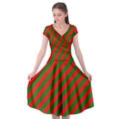 Red And Green Christmas Candycane Stripes Cap Sleeve Wrap Front Dress by PodArtist