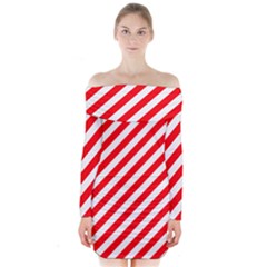 Christmas Red And White Candy Cane Stripes Long Sleeve Off Shoulder Dress