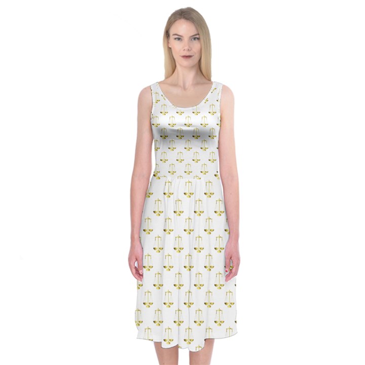Gold Scales Of Justice on White Repeat Pattern All Over Print Midi Sleeveless Dress