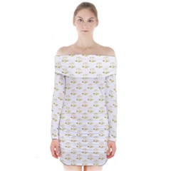 Gold Scales Of Justice On White Repeat Pattern All Over Print Long Sleeve Off Shoulder Dress by PodArtist