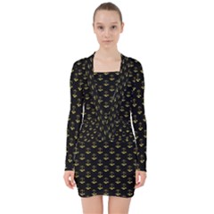 Gold Scales Of Justice On Black Repeat Pattern All Over Print  V-neck Bodycon Long Sleeve Dress by PodArtist