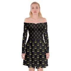 Gold Scales Of Justice On Black Repeat Pattern All Over Print  Off Shoulder Skater Dress by PodArtist