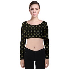 Gold Scales Of Justice On Black Repeat Pattern All Over Print  Velvet Long Sleeve Crop Top by PodArtist