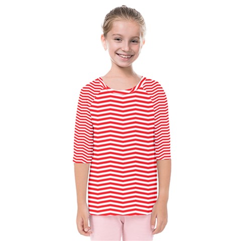 Christmas Red And White Chevron Stripes Kids  Quarter Sleeve Raglan Tee by PodArtist