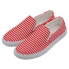 Christmas Red And White Chevron Stripes Men s Canvas Slip Ons by PodArtist