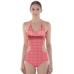 Small Snow White And Christmas Red Gingham Check Plaid Cut-out One Piece Swimsuit by PodArtist