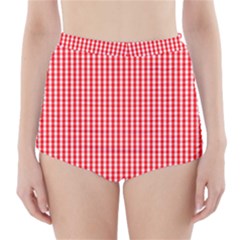 Small Snow White And Christmas Red Gingham Check Plaid High-waisted Bikini Bottoms by PodArtist