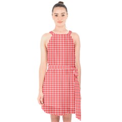 Small Snow White And Christmas Red Gingham Check Plaid Halter Collar Waist Tie Chiffon Dress by PodArtist