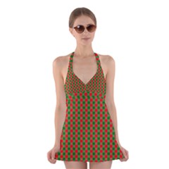 Large Red And Green Christmas Gingham Check Tartan Plaid Halter Dress Swimsuit  by PodArtist