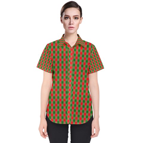 Large Red And Green Christmas Gingham Check Tartan Plaid Women s Short Sleeve Shirt by PodArtist