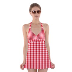 Large Christmas Red And White Gingham Check Plaid Halter Dress Swimsuit  by PodArtist