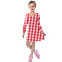 Large Christmas Red And White Gingham Check Plaid Kids  Long Sleeve Velvet Dress by PodArtist