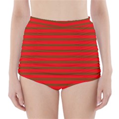 Christmas Red And Green Bedding Stripes High-waisted Bikini Bottoms by PodArtist