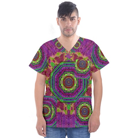 Mandala In Heavy Metal Lace And Forks Men s V-neck Scrub Top by pepitasart