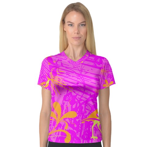 Spring Tropical Floral Palm Bird V-neck Sport Mesh Tee by Celenk