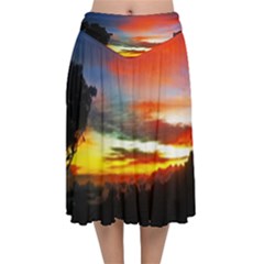 Sunset Mountain Indonesia Adventure Velvet Flared Midi Skirt by Celenk