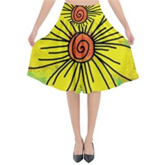 Flower Cartoon Painting Painted Flared Midi Skirt