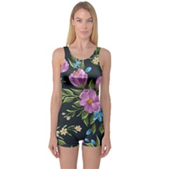 Beautiful Floral Pattern One Piece Boyleg Swimsuit