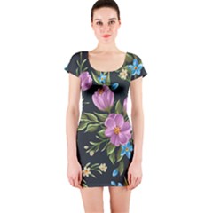 Beautiful Floral Pattern Short Sleeve Bodycon Dress