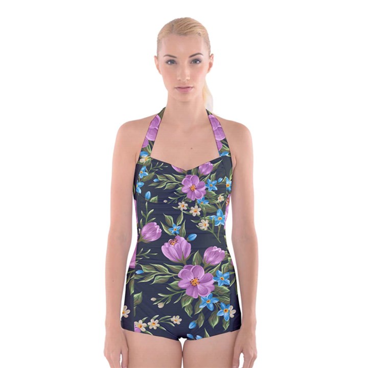 Beautiful Floral Pattern Boyleg Halter Swimsuit 
