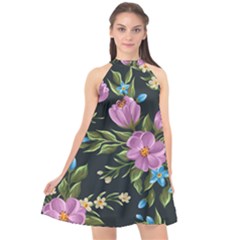 Beautiful Floral Pattern Halter Neckline Chiffon Dress 