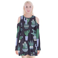 Cactus Pattern Velvet Long Sleeve Shoulder Cutout Dress