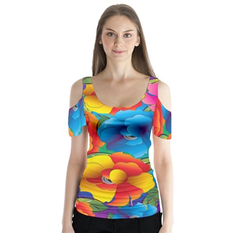 Neon Colored Floral Pattern Butterfly Sleeve Cutout Tee  by allthingseveryone