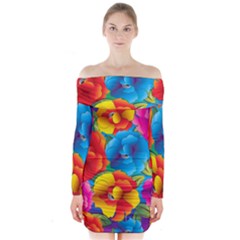 Neon Colored Floral Pattern Long Sleeve Off Shoulder Dress by allthingseveryone