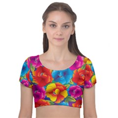 Neon Colored Floral Pattern Velvet Short Sleeve Crop Top  by allthingseveryone