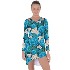 Light Blue Roses And Daisys Asymmetric Cut-out Shift Dress