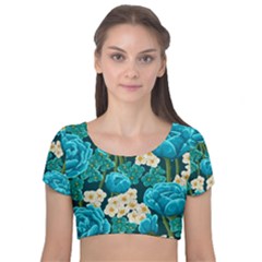 Light Blue Roses And Daisys Velvet Short Sleeve Crop Top  by allthingseveryone