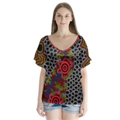 Aboriginal Art - Campsite V-neck Flutter Sleeve Top