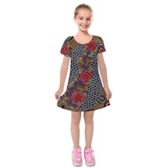 Aboriginal Art - Campsite Kids  Short Sleeve Velvet Dress