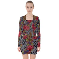 Aboriginal Art - Waterholes V-neck Bodycon Long Sleeve Dress by hogartharts