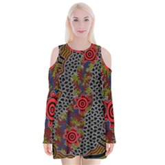 Aboriginal Art - Waterholes Velvet Long Sleeve Shoulder Cutout Dress by hogartharts