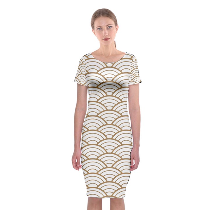 art deco,japanese fan pattern, gold,white,vintage,chic,elegant,beautiful,shell pattern, modern,trendy Classic Short Sleeve Midi Dress