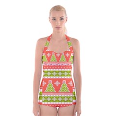 Christmas Tree Ugly Sweater Pattern Boyleg Halter Swimsuit 