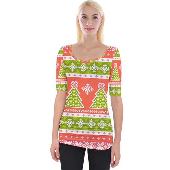 Christmas Tree Ugly Sweater Pattern Wide Neckline Tee