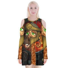 Funny Giraffe With Helmet Velvet Long Sleeve Shoulder Cutout Dress by FantasyWorld7