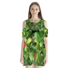 Christmas Season Floral Green Red Skimmia Flower Shoulder Cutout Velvet One Piece by yoursparklingshop