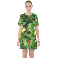 Christmas Season Floral Green Red Skimmia Flower Sixties Short Sleeve Mini Dress by yoursparklingshop
