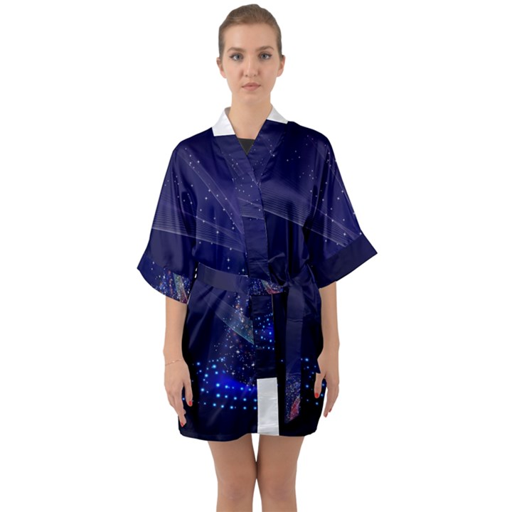 Christmas Tree Blue Stars Starry Night Lights Festive Elegant Quarter Sleeve Kimono Robe