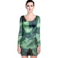 Northern Lights In The Forest Long Sleeve Velvet Bodycon Dress by Ucco