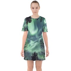 Northern Lights In The Forest Sixties Short Sleeve Mini Dress by Ucco