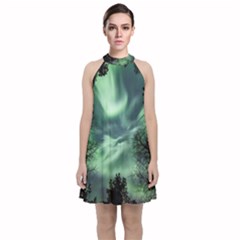 Northern Lights In The Forest Velvet Halter Neckline Dress  by Ucco