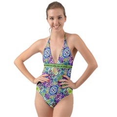 Colorful Modern Floral Print Halter Cut-out One Piece Swimsuit by dflcprints