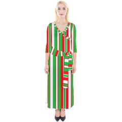 Christmas Holiday Stripes Red Quarter Sleeve Wrap Maxi Dress by Celenk