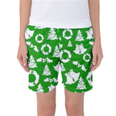 Green White Backdrop Background Card Christmas Women s Basketball Shorts