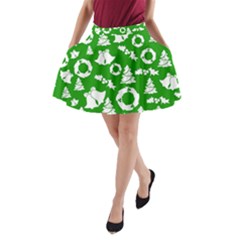 Green White Backdrop Background Card Christmas A-Line Pocket Skirt