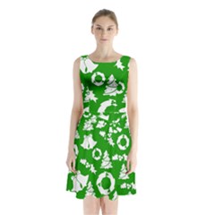 Green White Backdrop Background Card Christmas Sleeveless Waist Tie Chiffon Dress